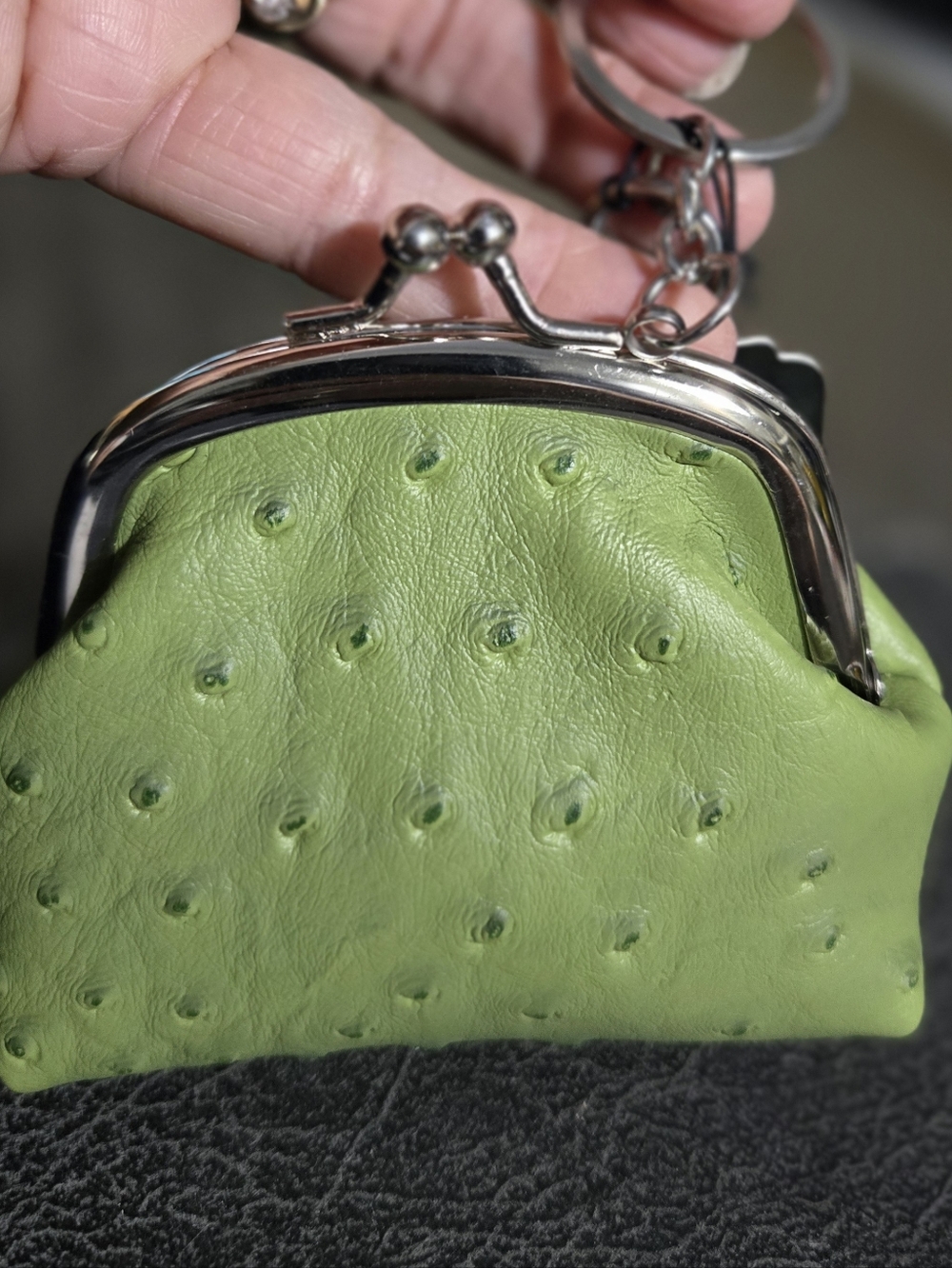 Green Ostrich Like Leather Kiss-Lock Coin Purse Keychain, 4"×3"×1.5"